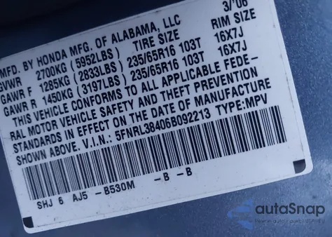 2006 Honda Odyssey Ex из США, поврежденный, VIN 5FNRL38406B092213